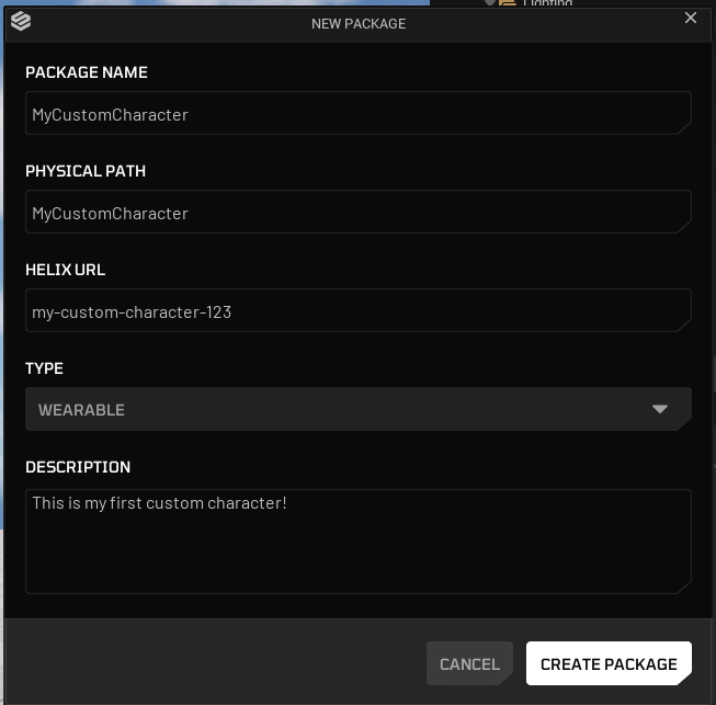 New Package dialog with type set to Wearable