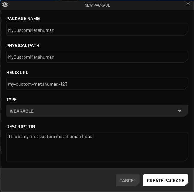 New Package dialog with type set to Wearable