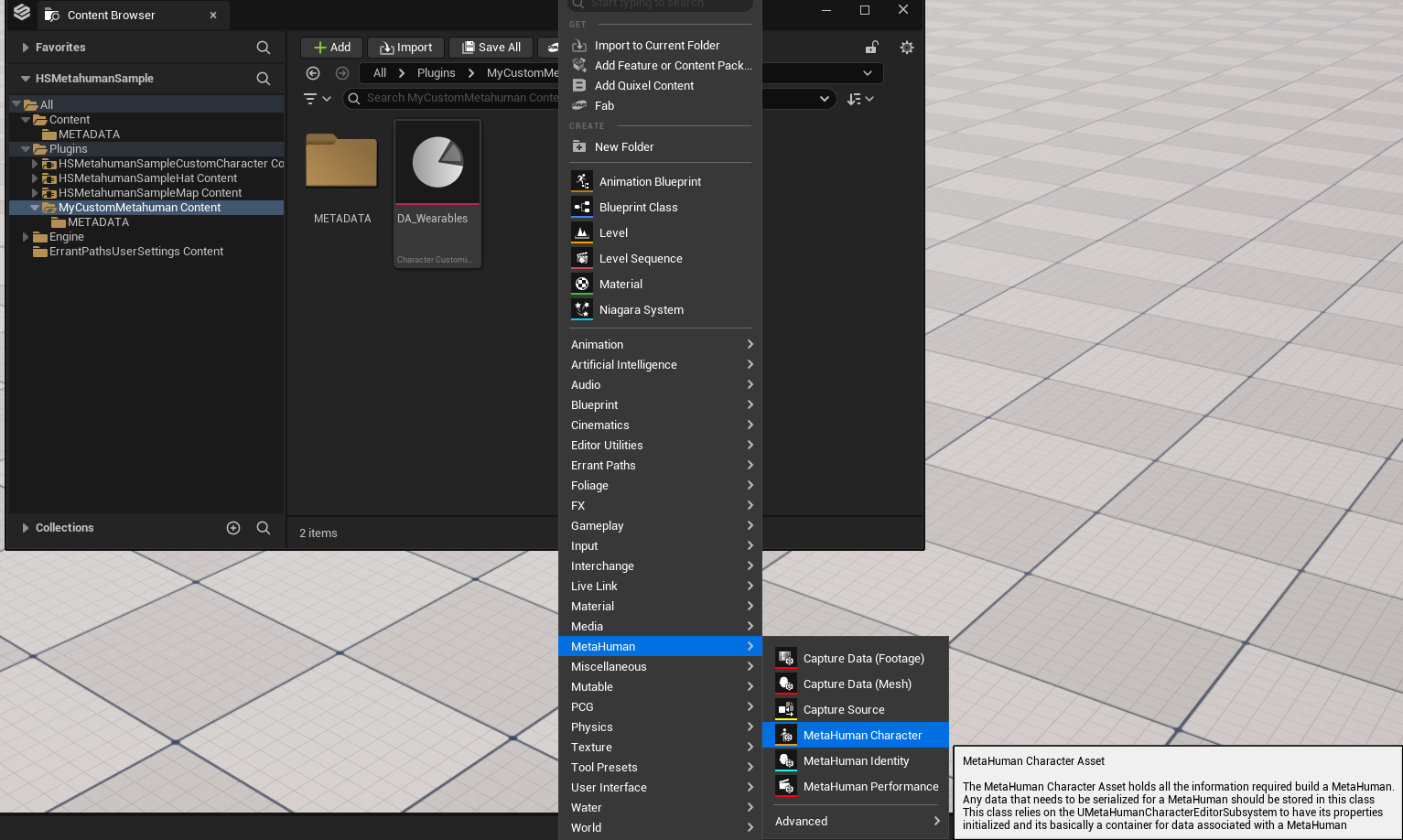 MetaHuman Character entry in the content browser context menu