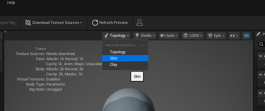 Topology menu with Skin selected