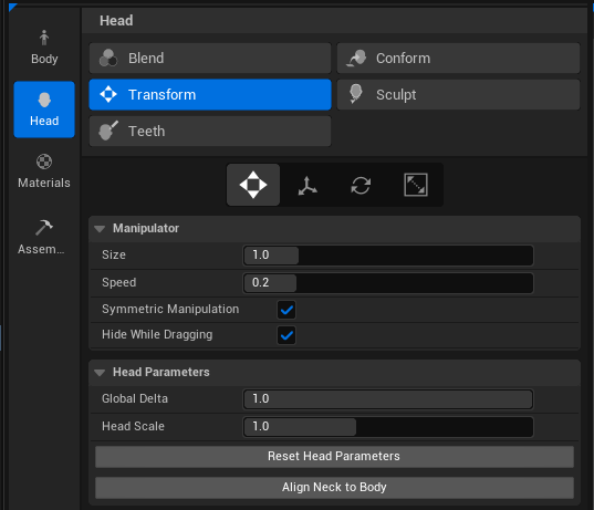 Transform tool with Head Scale slider
